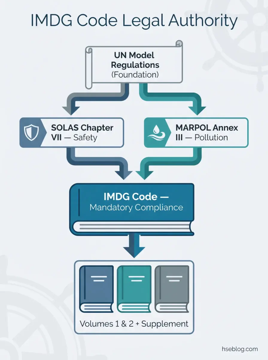 Flowchart showing IMDG Code legal authority hierarchy, flowing from UN Model Regulations through SOLAS Chapter VII and MARPOL Annex III to the mandatory IMDG Code, with three implementation volumes below.