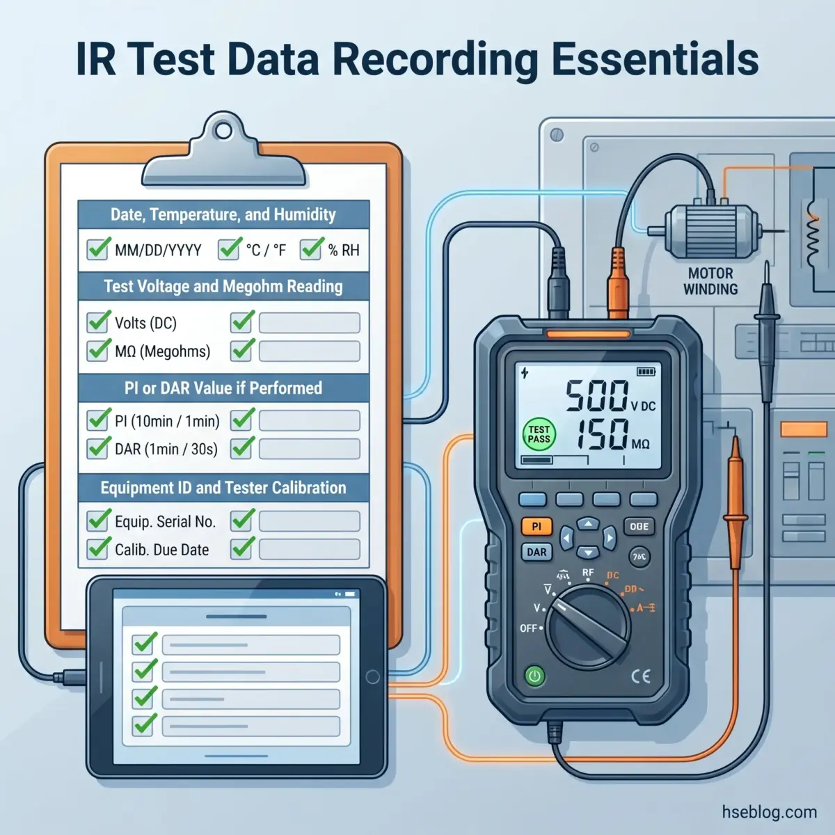 Illustration of IR insulation resistance test data recording essentials showing a clipboard checklist, digital multimeter displaying 500V DC and 150 megohms, and testing equipment connected to a motor winding.