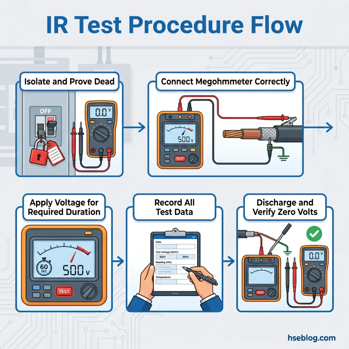 Flowchart showing six steps of an insulation resistance test procedure: isolating and proving dead, connecting a megohmmeter, applying voltage for required duration, recording test data, and discharging while verifying zero volts.