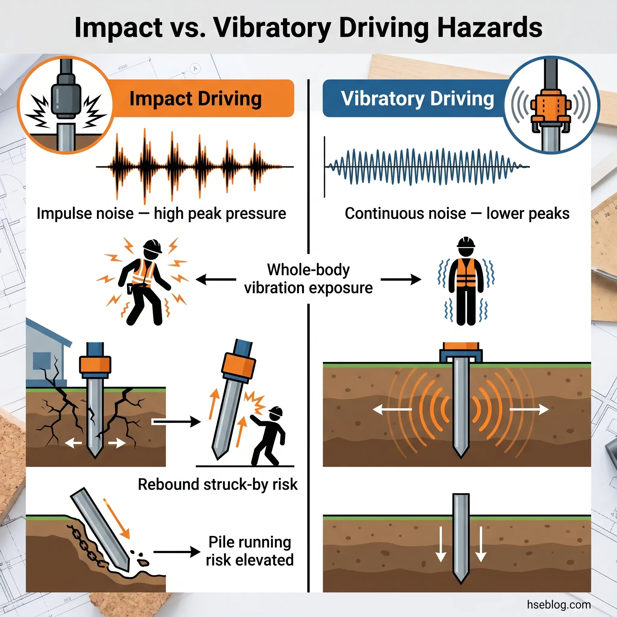Comparison infographic showing impact driving hazards with impulse noise and rebound struck-by risks versus vibratory driving hazards with continuous noise and pile running risks.