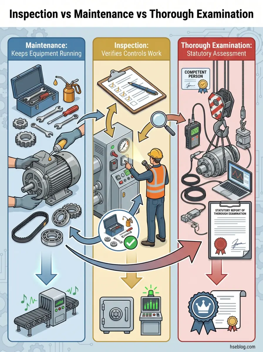Infographic comparing three equipment management processes: maintenance with tools and repairs, inspection with checklists and verification, and thorough examination with certified testing and statutory documentation.