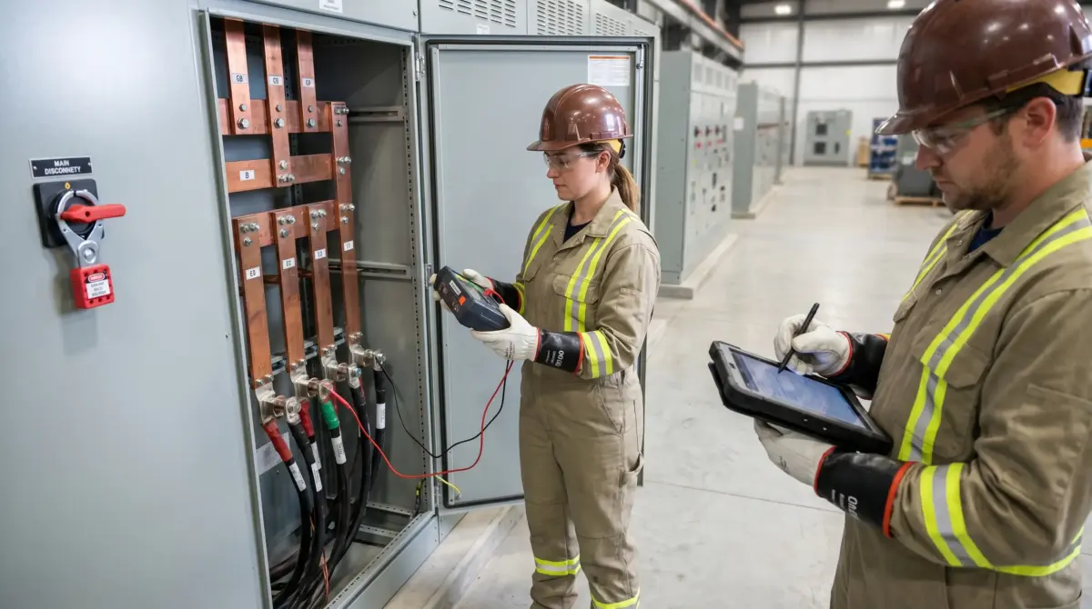 Two electricians in safety gear inspect an industrial electrical panel with orange bus bars and wiring, with one holding a multimeter and the other recording data on a tablet in a warehouse facility.