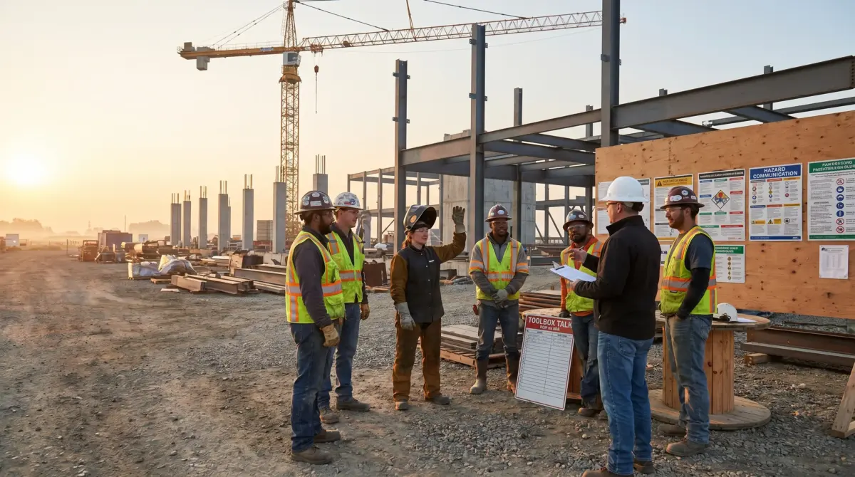 Construction workers in hard hats and safety vests gather around a toolbox talk board on an active job site at sunrise, with steel framing and cranes visible in the background.
