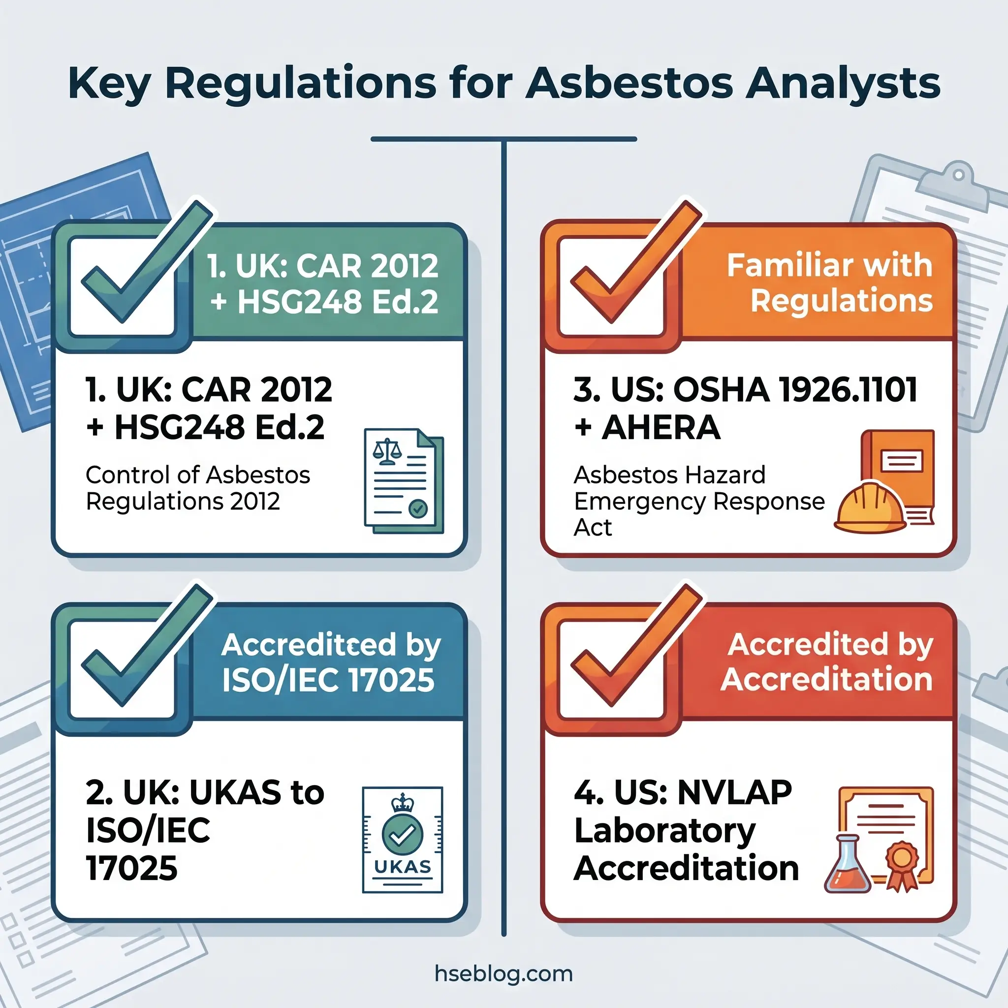 Infographic showing four key regulations for asbestos analysts, divided into UK requirements on the left and US requirements on the right, with icons and checkmarks.