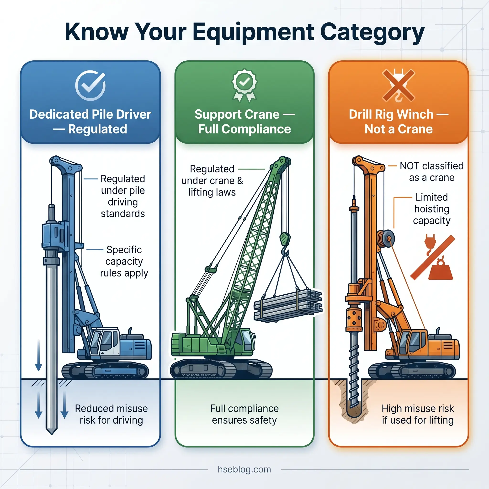 Infographic comparing three equipment categories: Dedicated Pile Driver (regulated), Support Crane (fully compliant), and Drill Rig Winch (not a crane), showing their regulatory status, capabilities, and safety considerations.