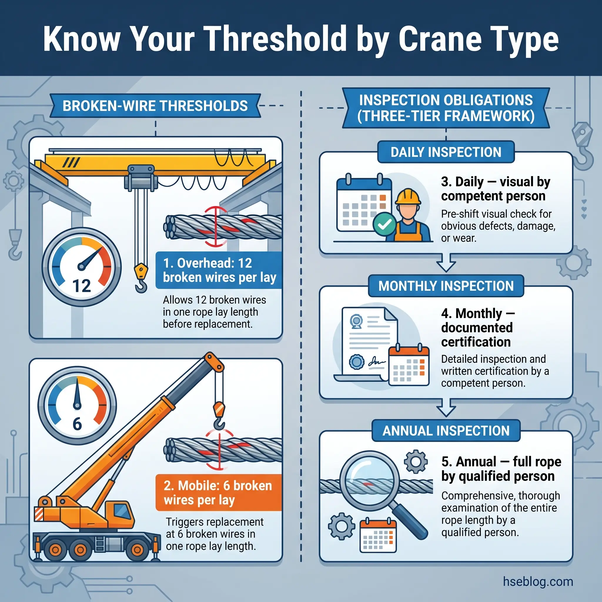 Infographic showing crane broken-wire thresholds and inspection obligations, with overhead cranes allowing 12 broken wires and mobile cranes allowing 6 before replacement, plus a three-tier daily, monthly, and annual inspection framework.