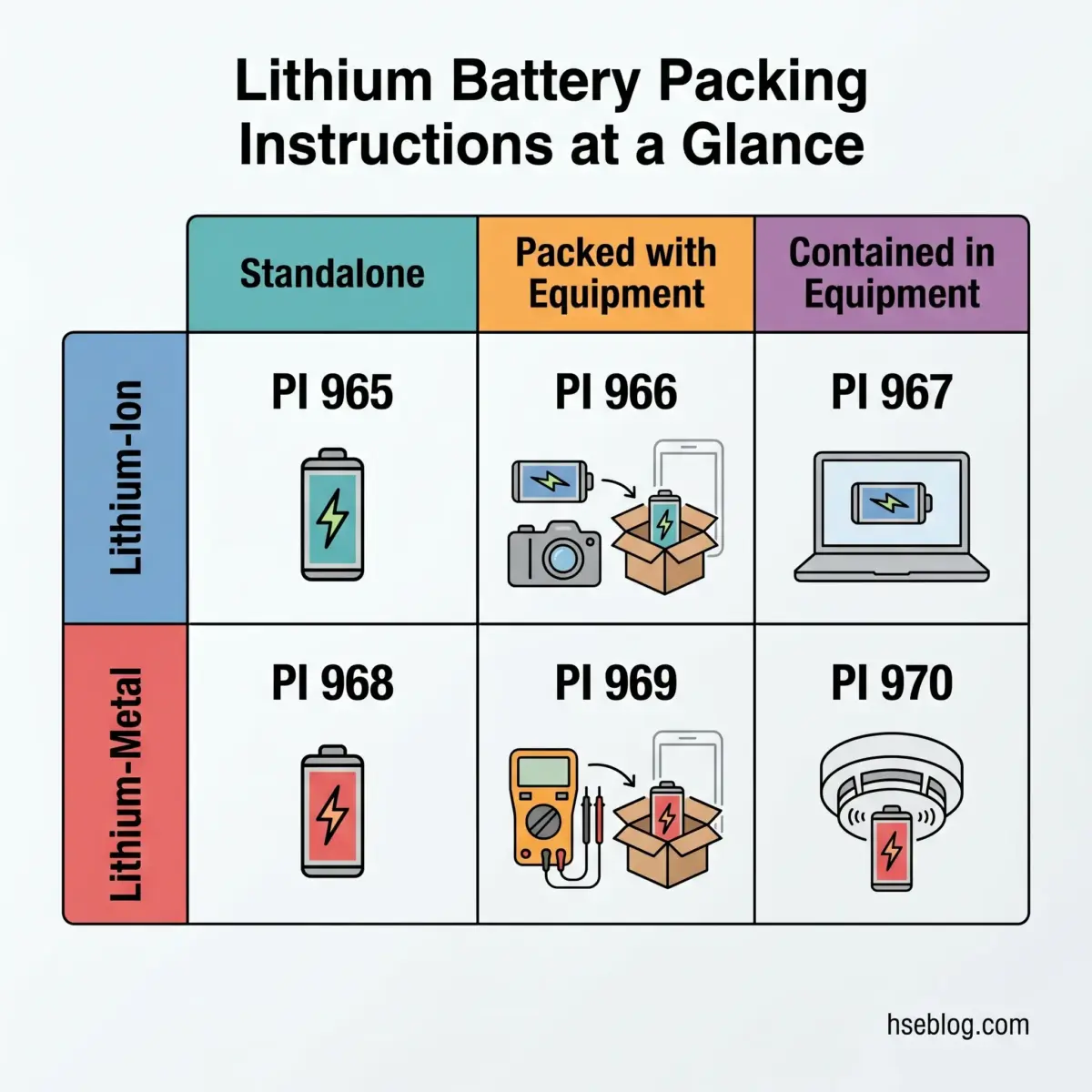 Chart showing lithium battery packing regulations with six categories: standalone and packed with or contained in equipment for both lithium-ion and lithium-metal batteries, labeled PI 965 through PI 970 with corresponding icons.