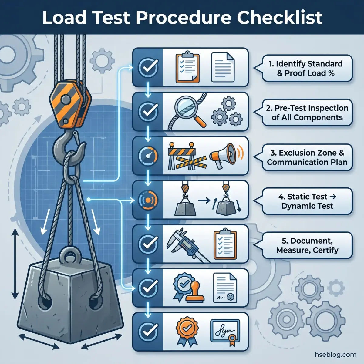 Illustrated load test procedure checklist showing seven sequential steps from identifying load percentages through final certification, with a crane and weight as visual metaphor for testing processes.