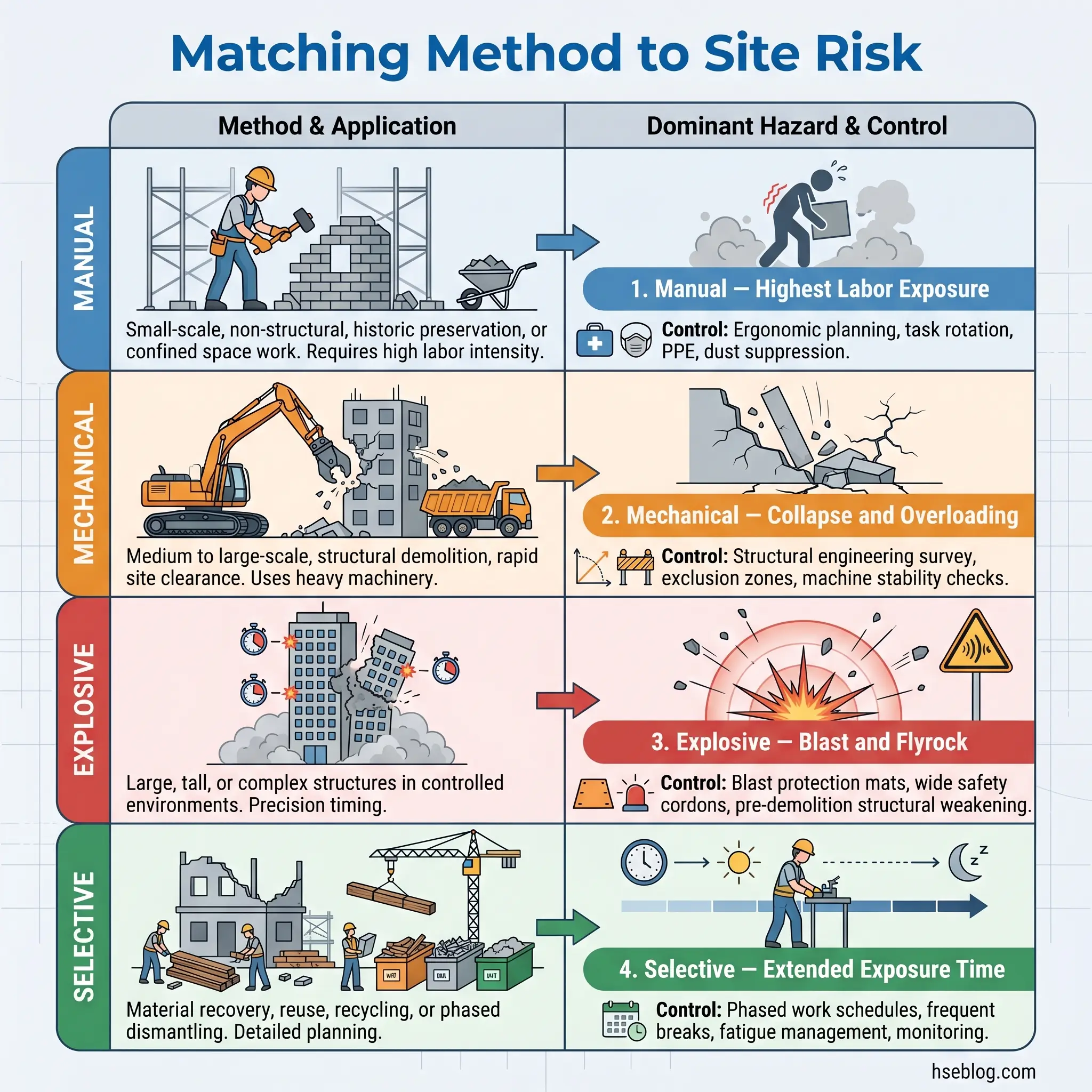 Infographic showing four demolition methods matched to site risks: manual labor for small-scale work, mechanical equipment for structural demolition, controlled explosives for complex structures, and selective dismantling for material recovery, each with specific hazards and safety controls.