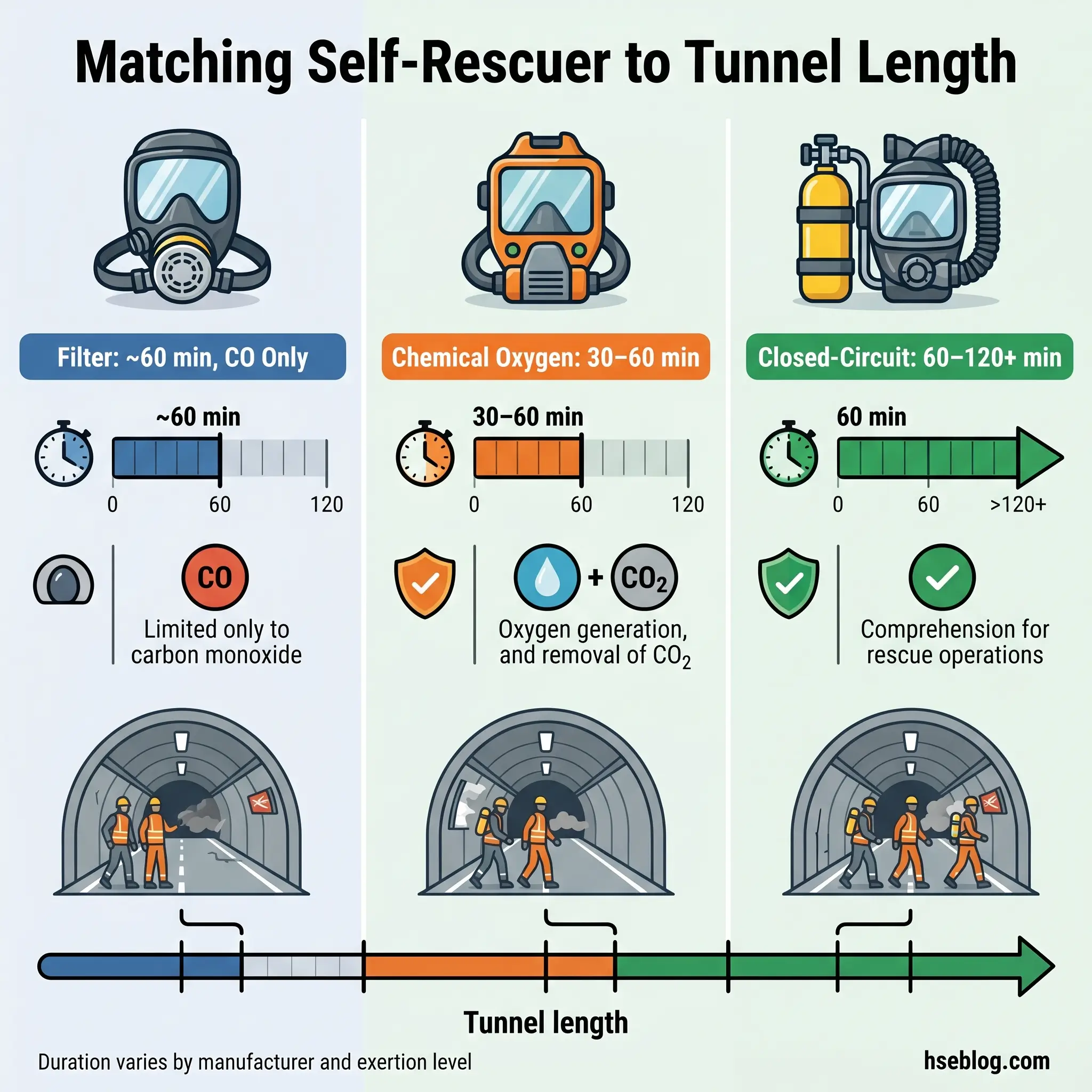 Infographic comparing three types of self-rescue respirators matched to tunnel lengths: filter masks for short tunnels, chemical oxygen devices for medium tunnels, and closed-circuit respirators for long tunnels, showing duration and capabilities.