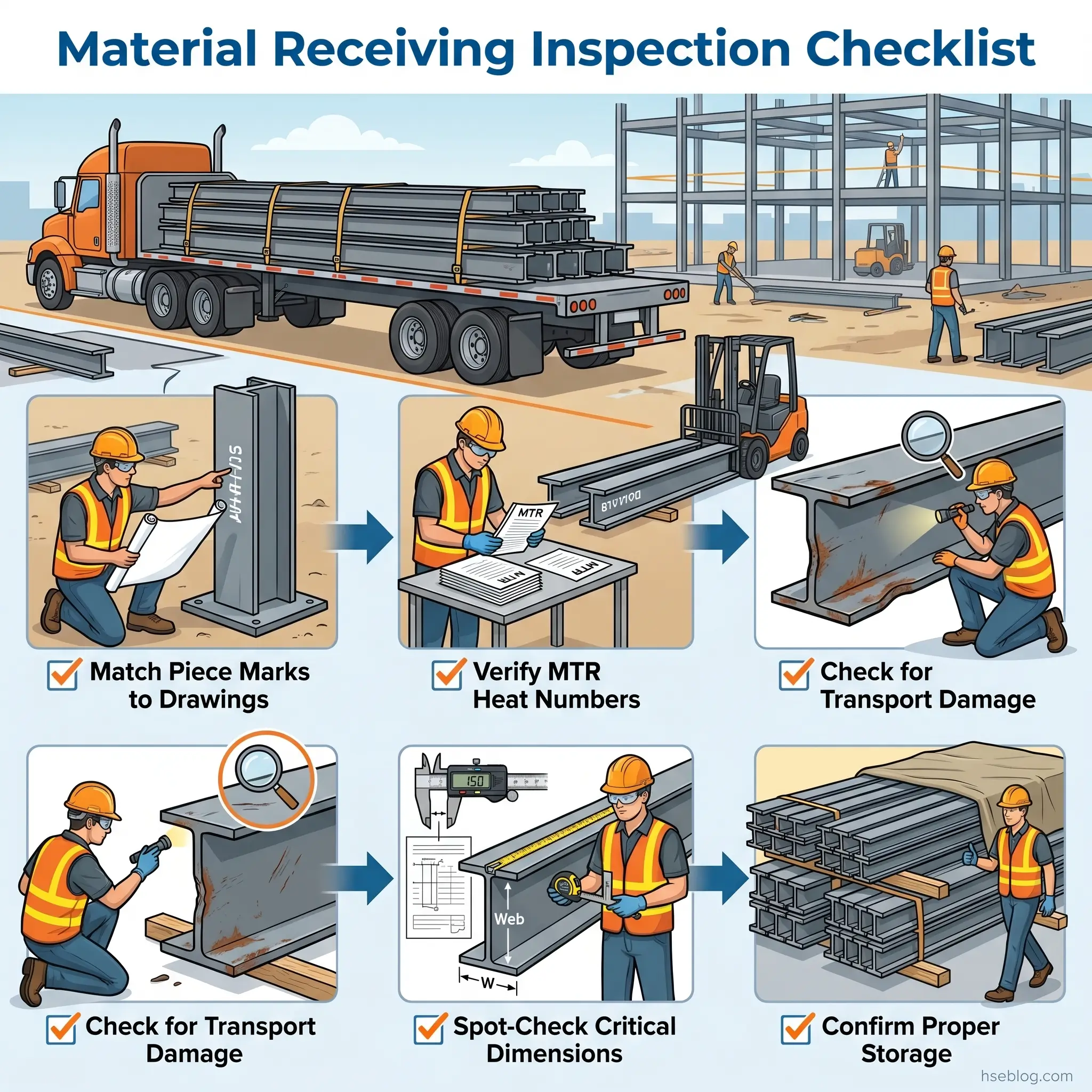 Illustrated guide showing six steps of material receiving inspection for steel beams and structural components, including marking verification, heat number checks, damage assessment, dimensional inspection, and storage confirmation.