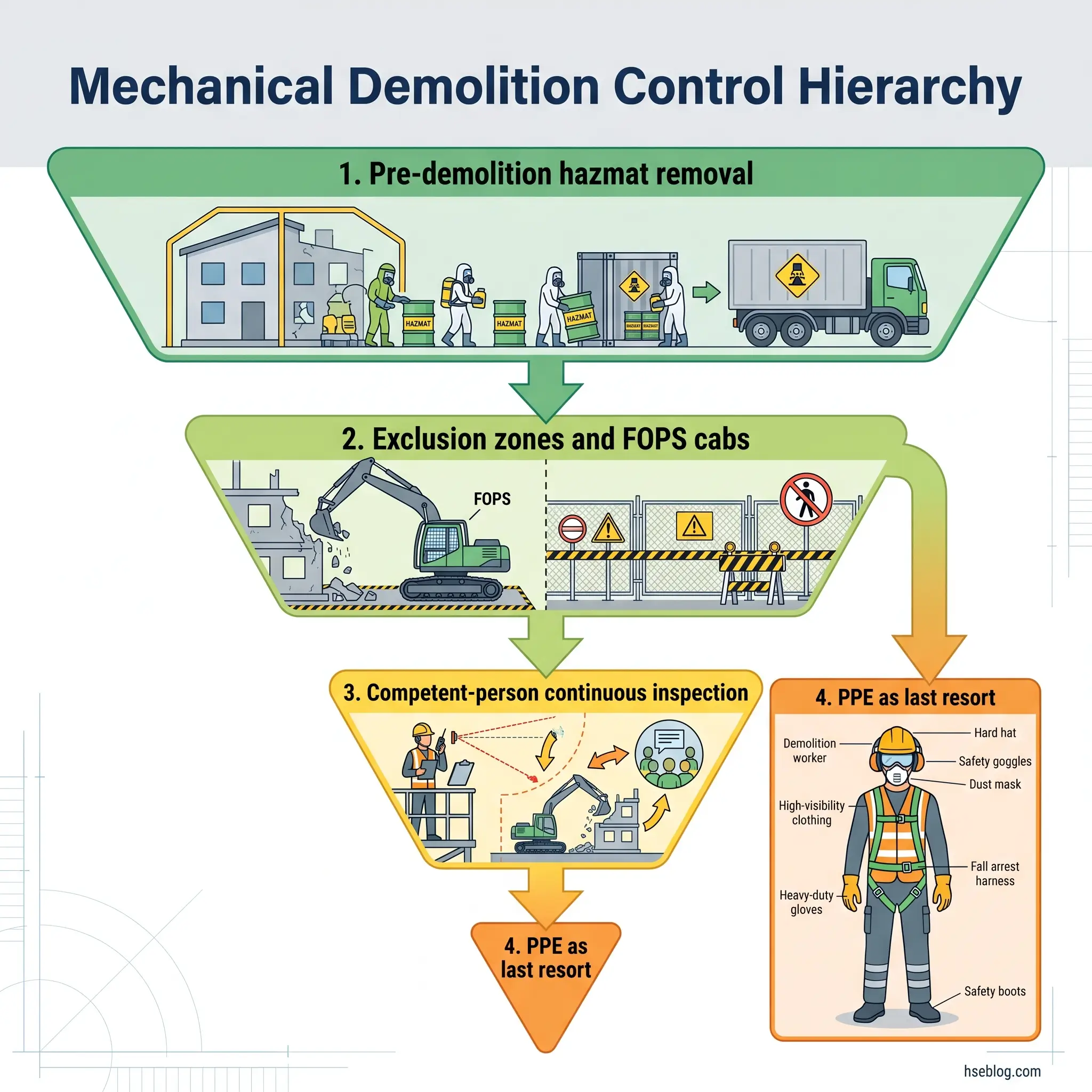 Hierarchical flowchart showing four-step mechanical demolition safety protocol: hazmat removal, exclusion zones with FOPS cabs, competent-person inspection, and PPE as final safety measure for workers.