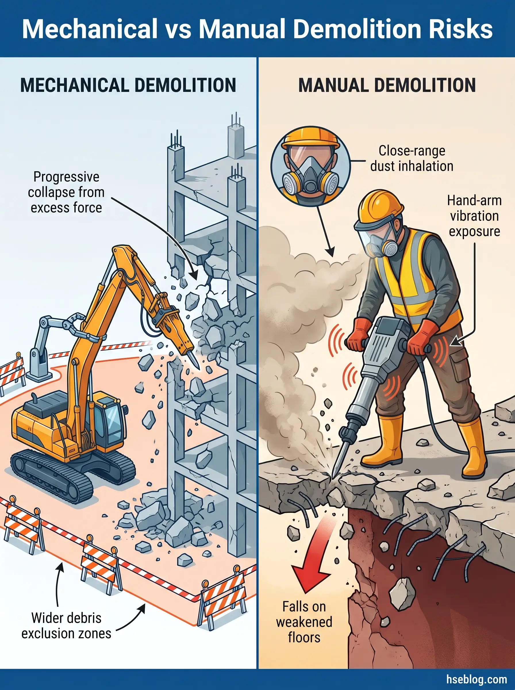 Infographic comparing hazards of mechanical demolition using excavators versus manual demolition with handheld tools, showing risks like structural collapse, debris zones, dust inhalation, vibration exposure, and fall hazards.