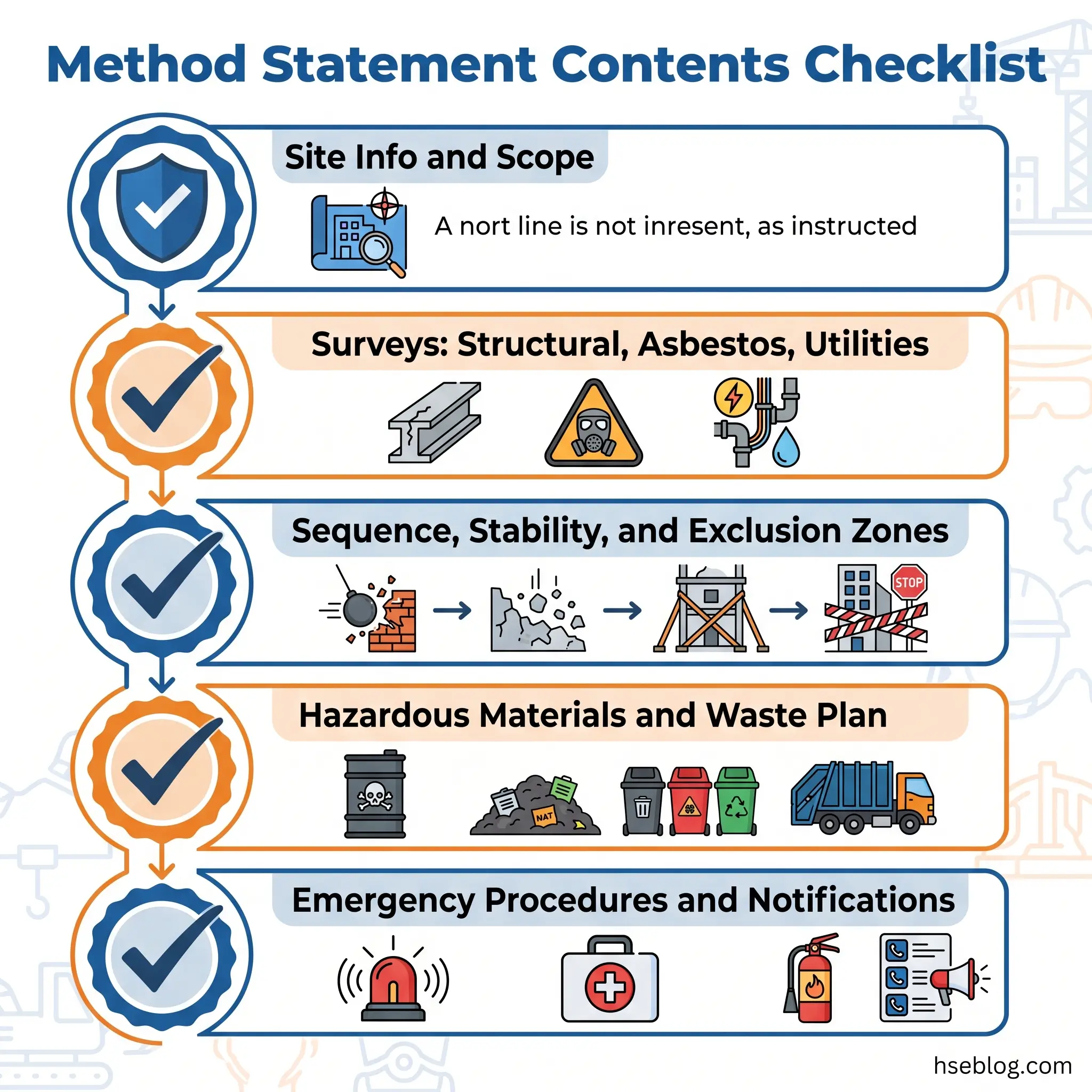 Checklist diagram showing five key components of a method statement: site information and scope, structural and asbestos surveys, sequence and stability planning, hazardous materials management, and emergency procedures with visual icons for each section.