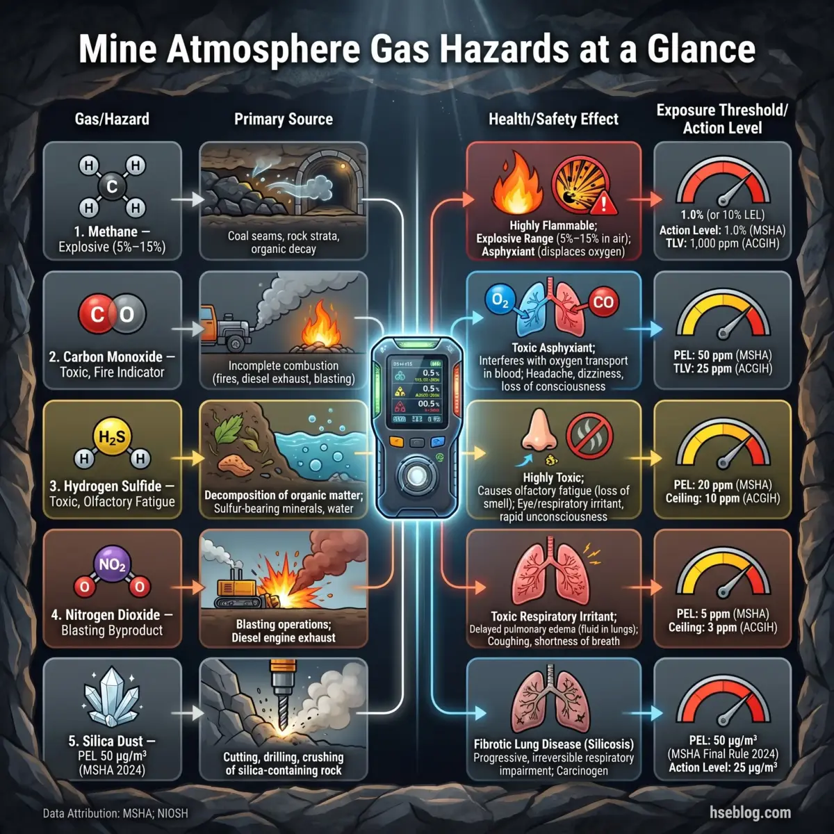 Infographic showing five mine atmosphere gas hazards including methane, carbon monoxide, hydrogen sulfide, nitrogen dioxide, and silica dust, with their sources, health effects, and exposure thresholds displayed alongside a gas detection device.
