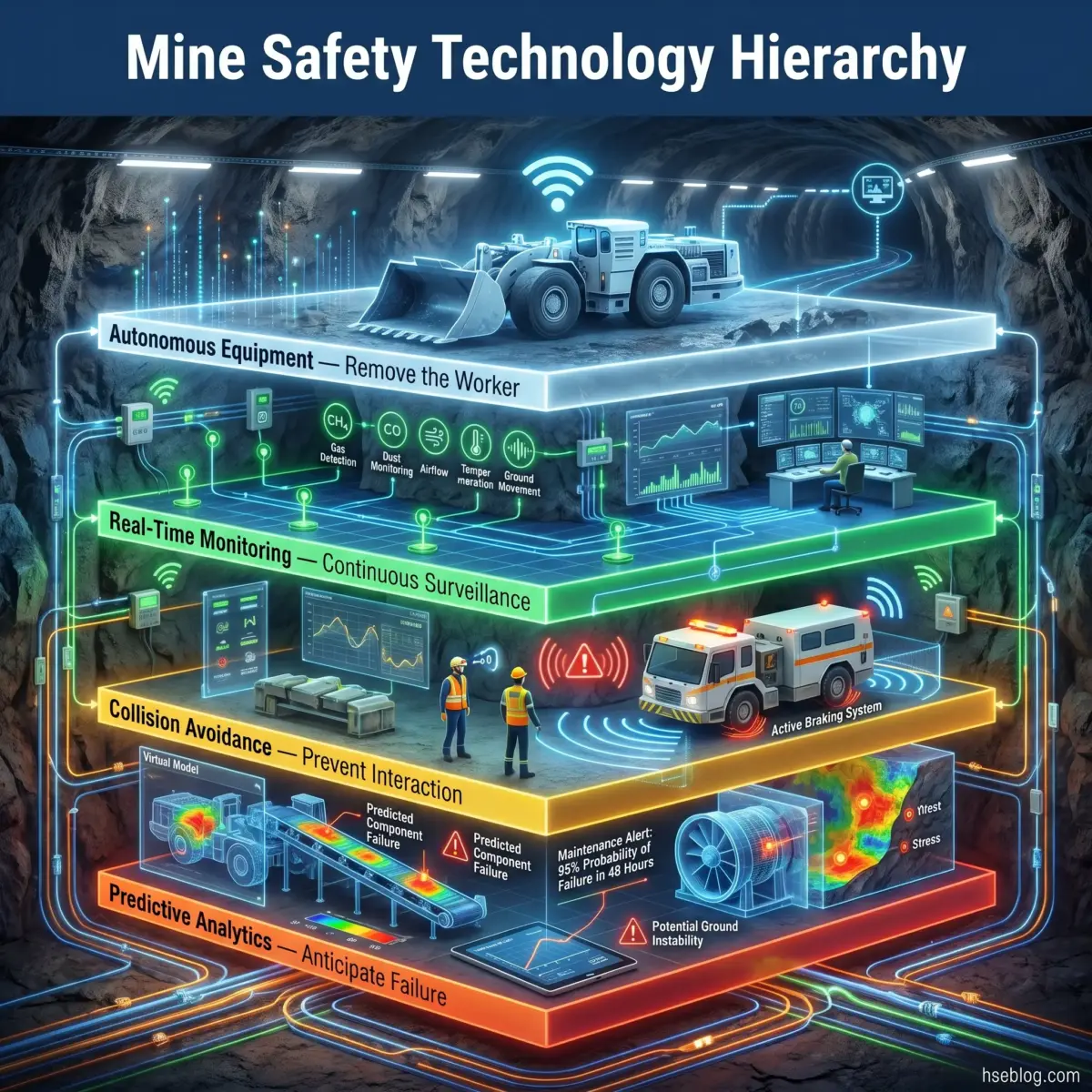 Illustrated hierarchical diagram of mine safety technology showing five layers from bottom to top: predictive analytics, collision avoidance, real-time monitoring, and autonomous equipment, each with associated icons and descriptions of safety features.