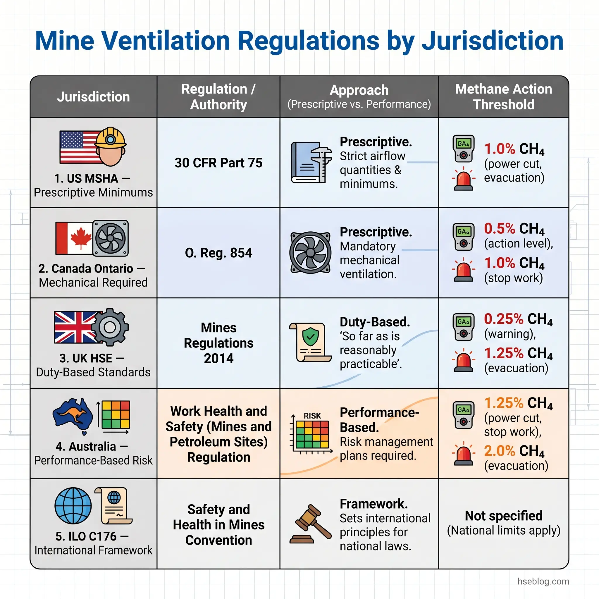 Comparison table of mine ventilation regulations across five jurisdictions showing regulatory authorities, prescriptive versus performance-based approaches, and methane action thresholds ranging from 0.25% to 2.0% CH4.