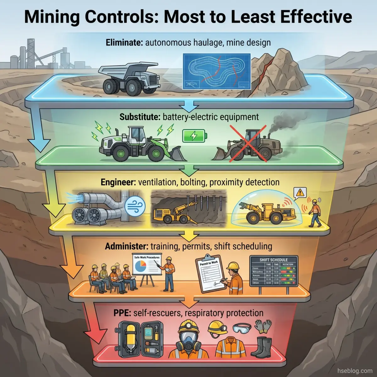 Infographic showing mining safety hierarchy with five control levels from most to least effective: eliminate autonomous haulage, substitute battery-electric equipment, engineer ventilation and detection systems, administer training and permits, and use personal protective equipment.