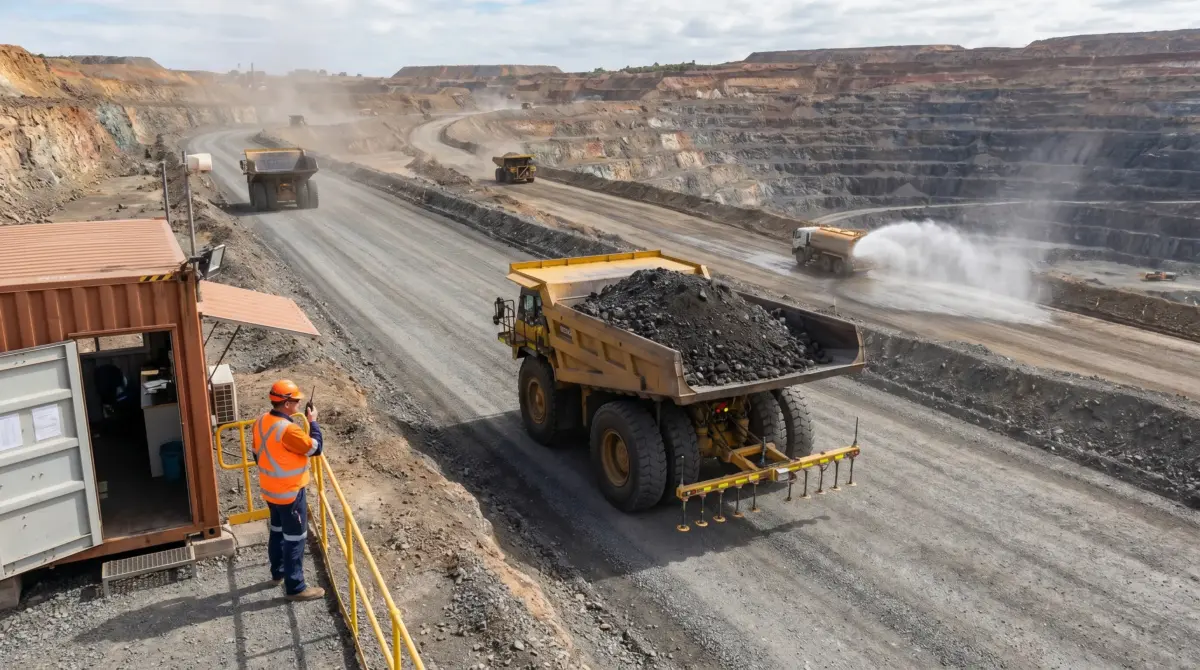 Open-pit mining operation with large dump trucks carrying ore, workers in safety gear at control station, excavated terraced landscape with dust suppression spray visible.