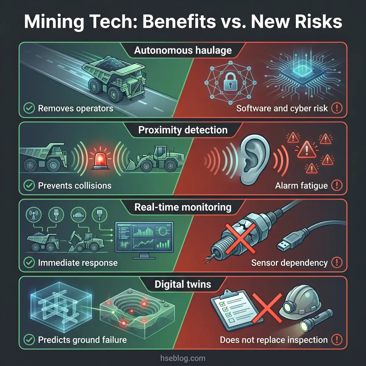Infographic comparing mining technology benefits and risks, showing autonomous haulage, proximity detection, real-time monitoring, and digital twins alongside their associated challenges like cybersecurity threats and sensor dependency.