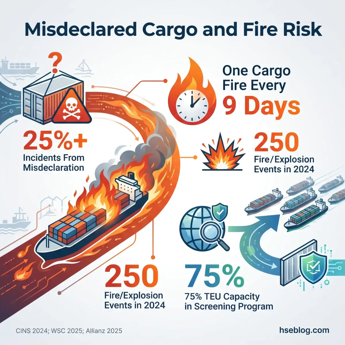 Infographic showing misdeclared cargo and fire risks in shipping, displaying statistics on cargo incidents, fire events, and screening capacity with illustrations of a burning cargo ship and containers.