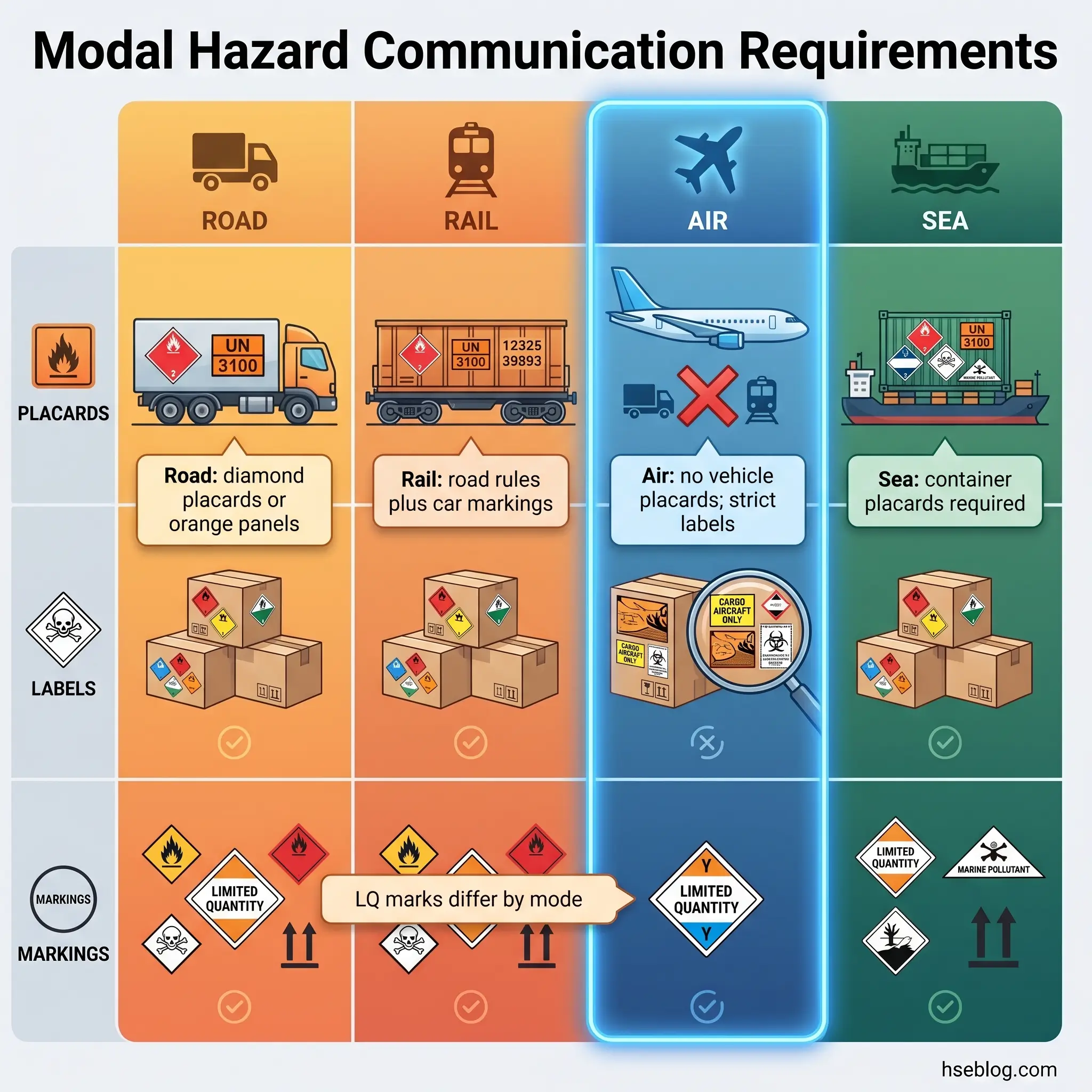 Comparison chart showing hazardous materials communication requirements across transportation modes: placards, labels, and markings differ for road, rail, air, and sea transport.