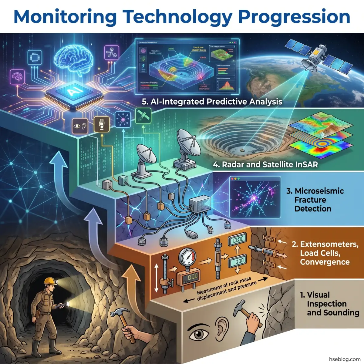 Infographic showing five progressive stages of underground mining technology monitoring, from basic visual inspection and ground instruments at the base to advanced AI predictive analysis and satellite imaging at the top.