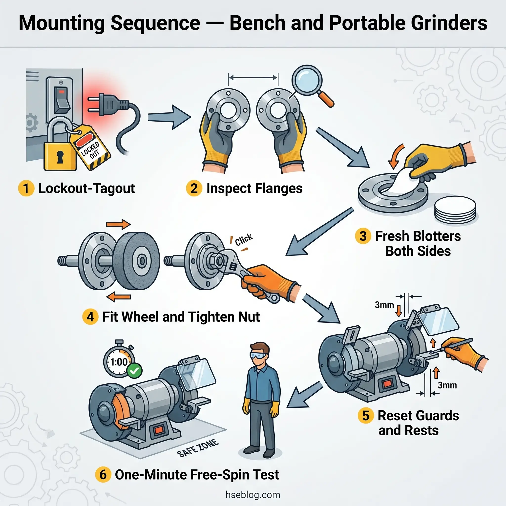 Step-by-step illustrated guide showing six steps for safely mounting grinding wheels on bench and portable grinders, from lockout-tagout through final free-spin testing.