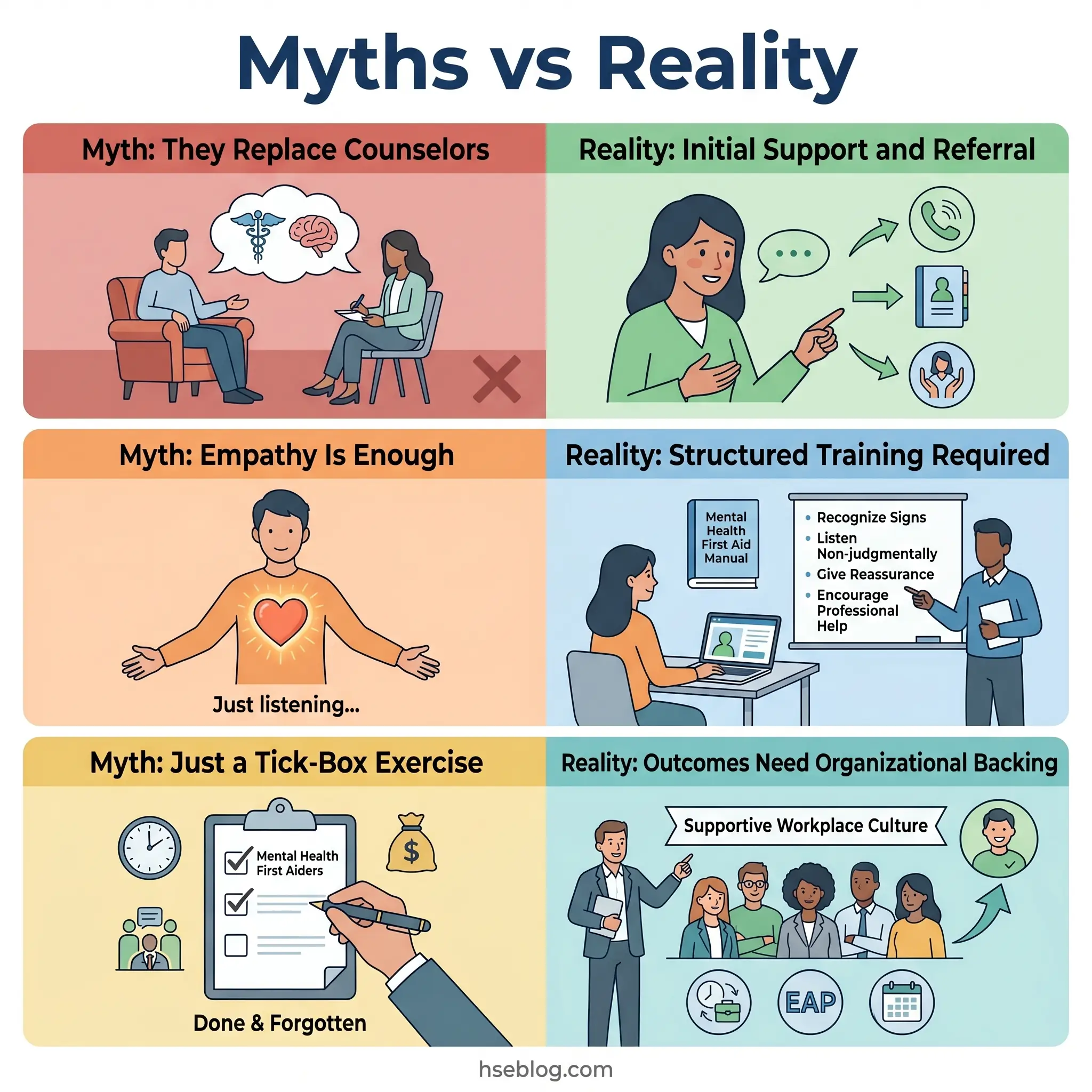 Infographic comparing myths versus reality about mental health first aid, showing three key misconceptions: that it replaces counseling, that empathy alone is sufficient, and that it's just a checkbox exercise, with corresponding accurate information about proper training and organizational support.