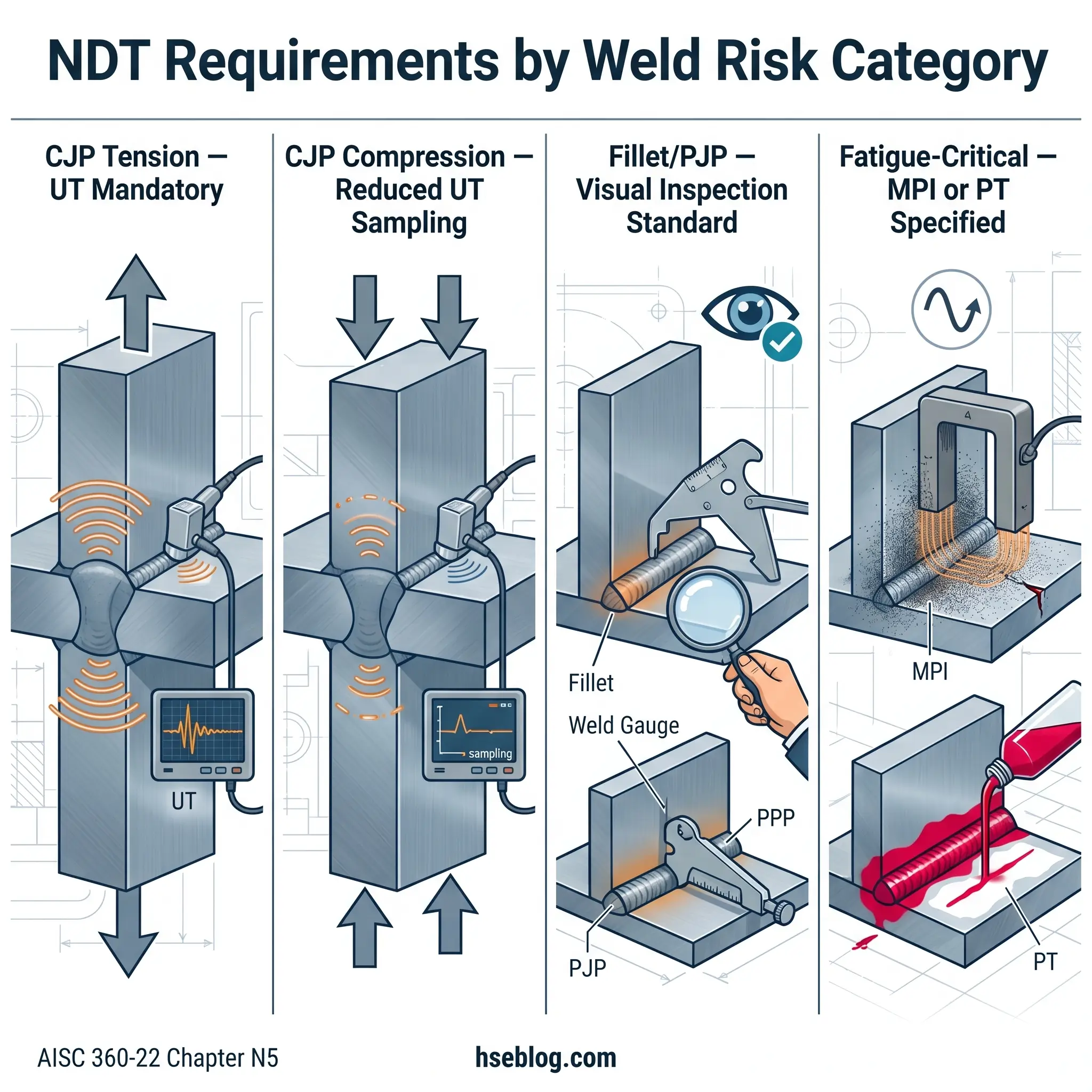 Four weld inspection methods illustrated with equipment and components: ultrasonic testing for tension joints, reduced ultrasonic sampling for compression, visual inspection tools for fillet and plug welds, and magnetic particle inspection or penetrant testing for fatigue-critical welds.