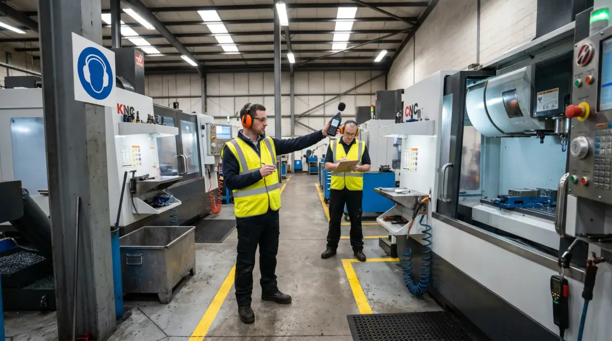Two workers in safety vests and hearing protection inspect machinery in an industrial manufacturing facility with CNC machines and metal fabrication equipment.