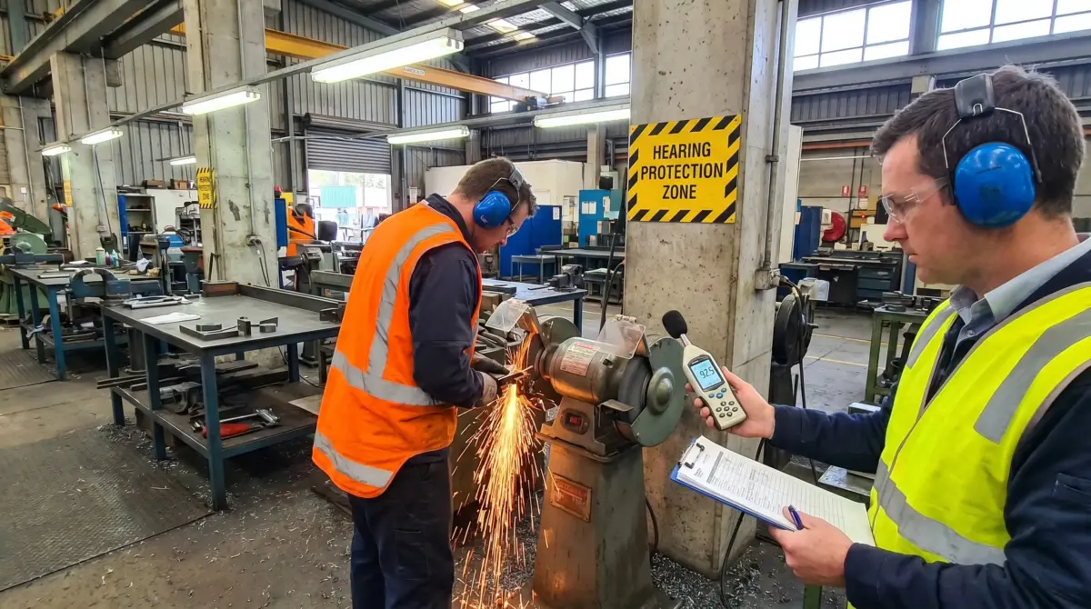 Two workers in safety gear measure noise levels with a sound meter in a designated hearing protection zone of an industrial manufacturing facility during equipment operation.