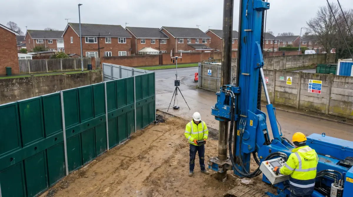 Construction workers in high-visibility vests operate a blue drilling rig on a sandy site next to green barriers, with residential brick houses visible in the background under overcast skies.