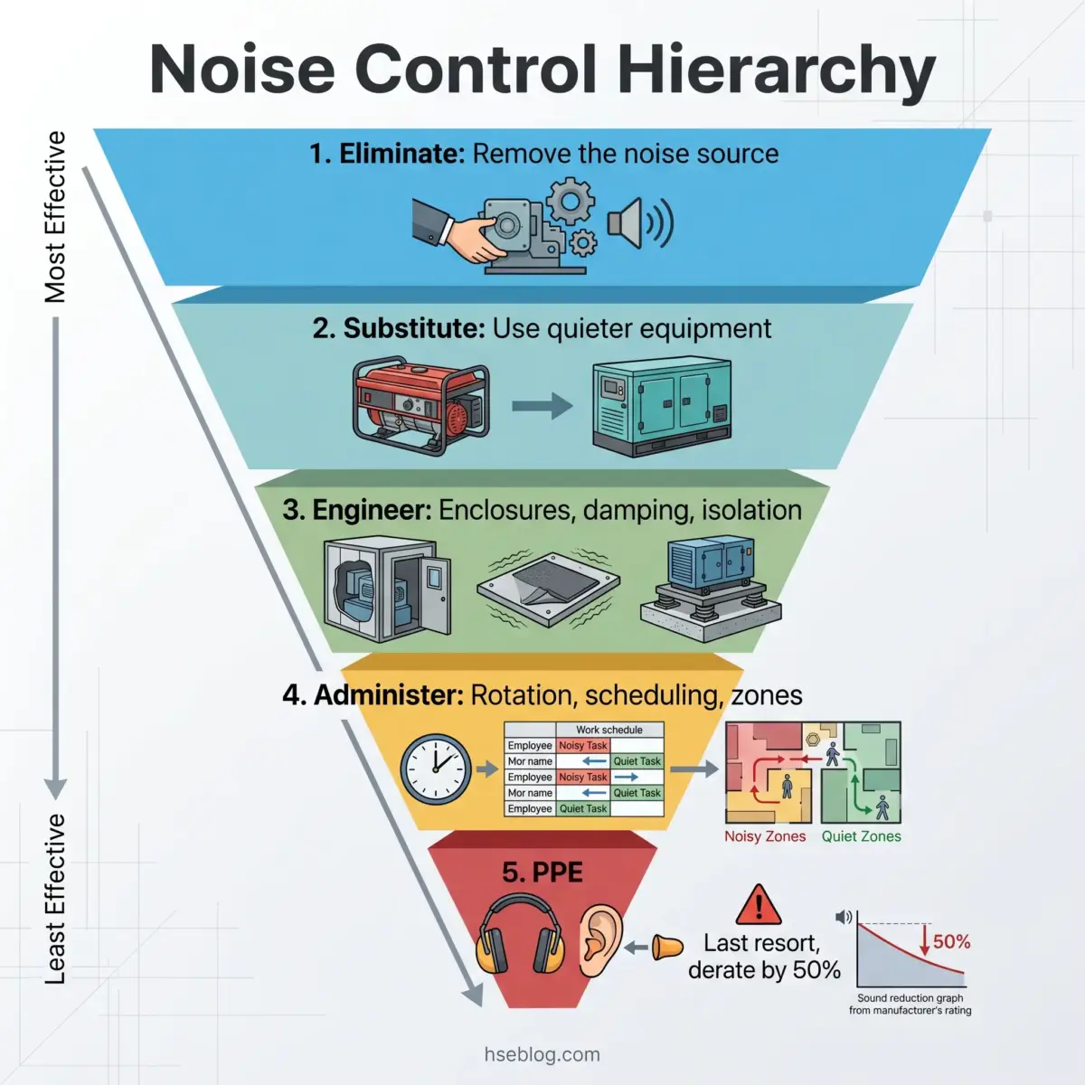 Noise Control Hierarchy diagram showing five levels from most to least effective: eliminate noise sources, substitute quieter equipment, engineer controls like enclosures and damping, administer work schedules and quiet zones, and use personal protective equipment as a last resort.