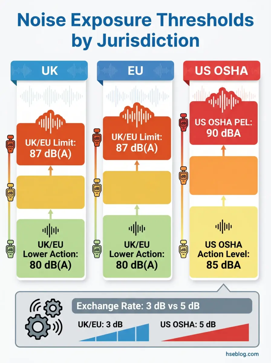 Comparison chart showing noise exposure safety thresholds across UK, EU, and US OSHA regulations, displaying action levels and exposure limits in decibels with exchange rates.