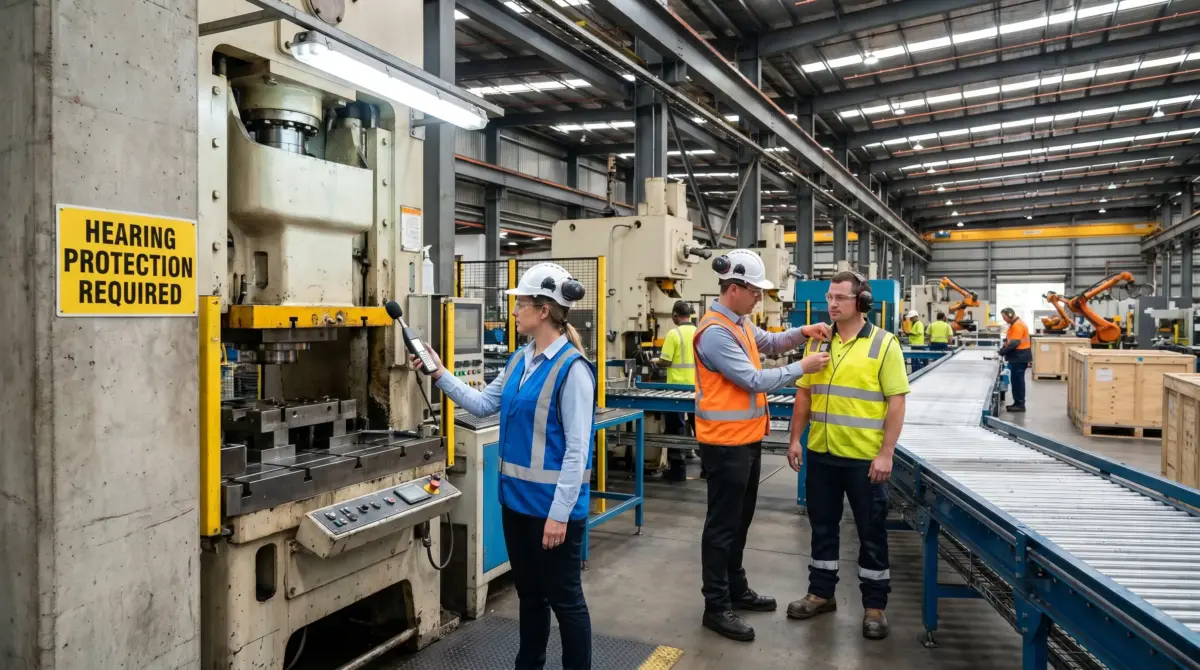 Factory workers in safety gear discuss operations near industrial hydraulic press machinery in a large manufacturing facility with yellow and blue equipment.