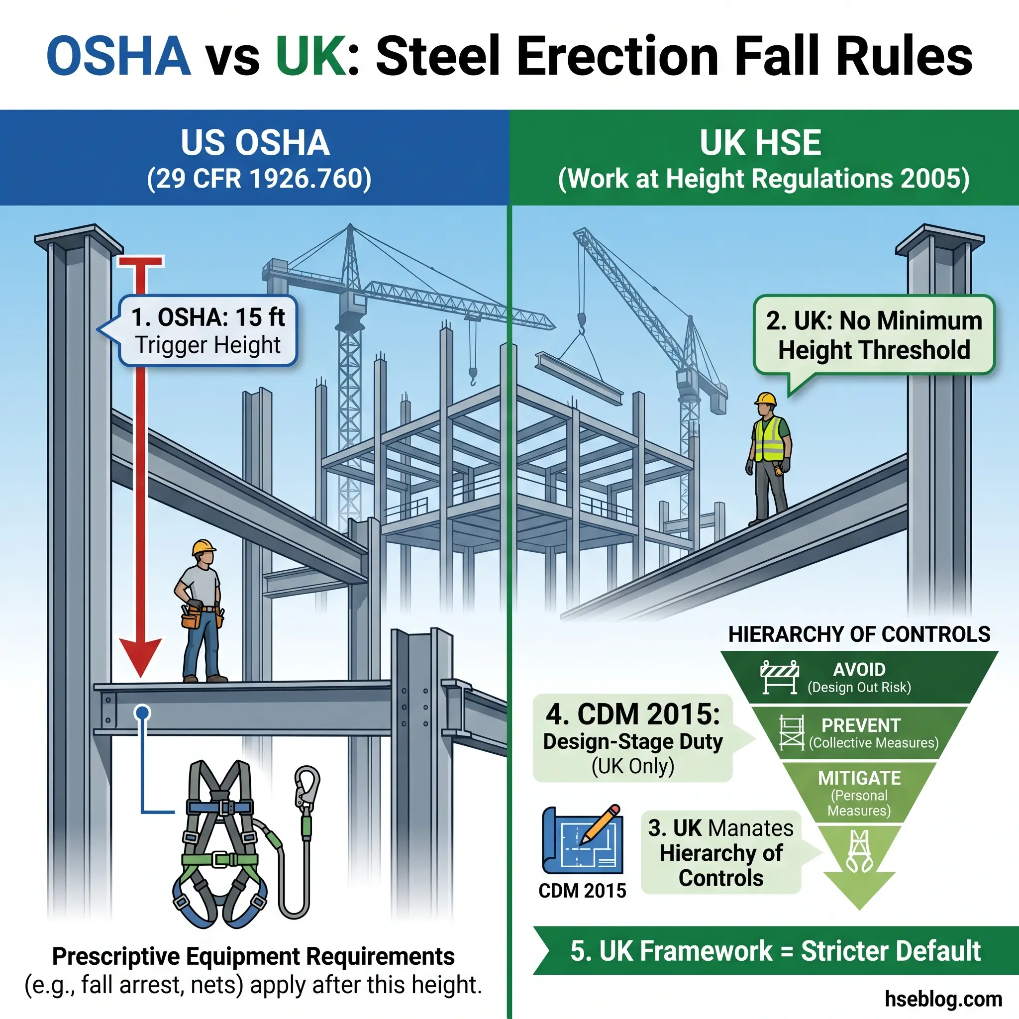 Infographic comparing OSHA and UK HSE steel erection fall protection rules, showing 15-foot trigger height requirements, hierarchy of controls, and regulatory differences between US and UK standards.
