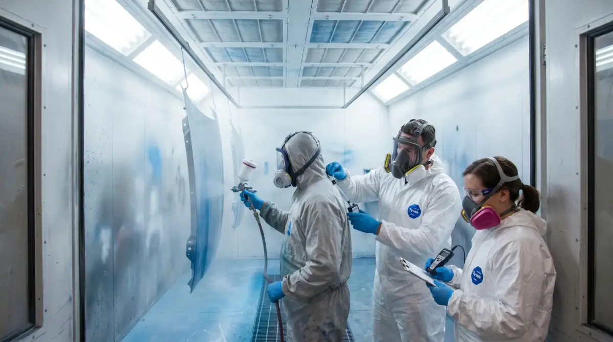 Workers in protective suits and respirators spray paint inside an industrial spray booth with skylights, demonstrating automotive or industrial coating application procedures.