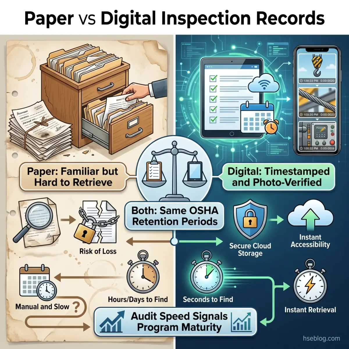 Infographic comparing paper versus digital inspection records, showing paper's retrieval challenges versus digital's timestamped verification, cloud storage, and instant accessibility benefits for OSHA compliance.