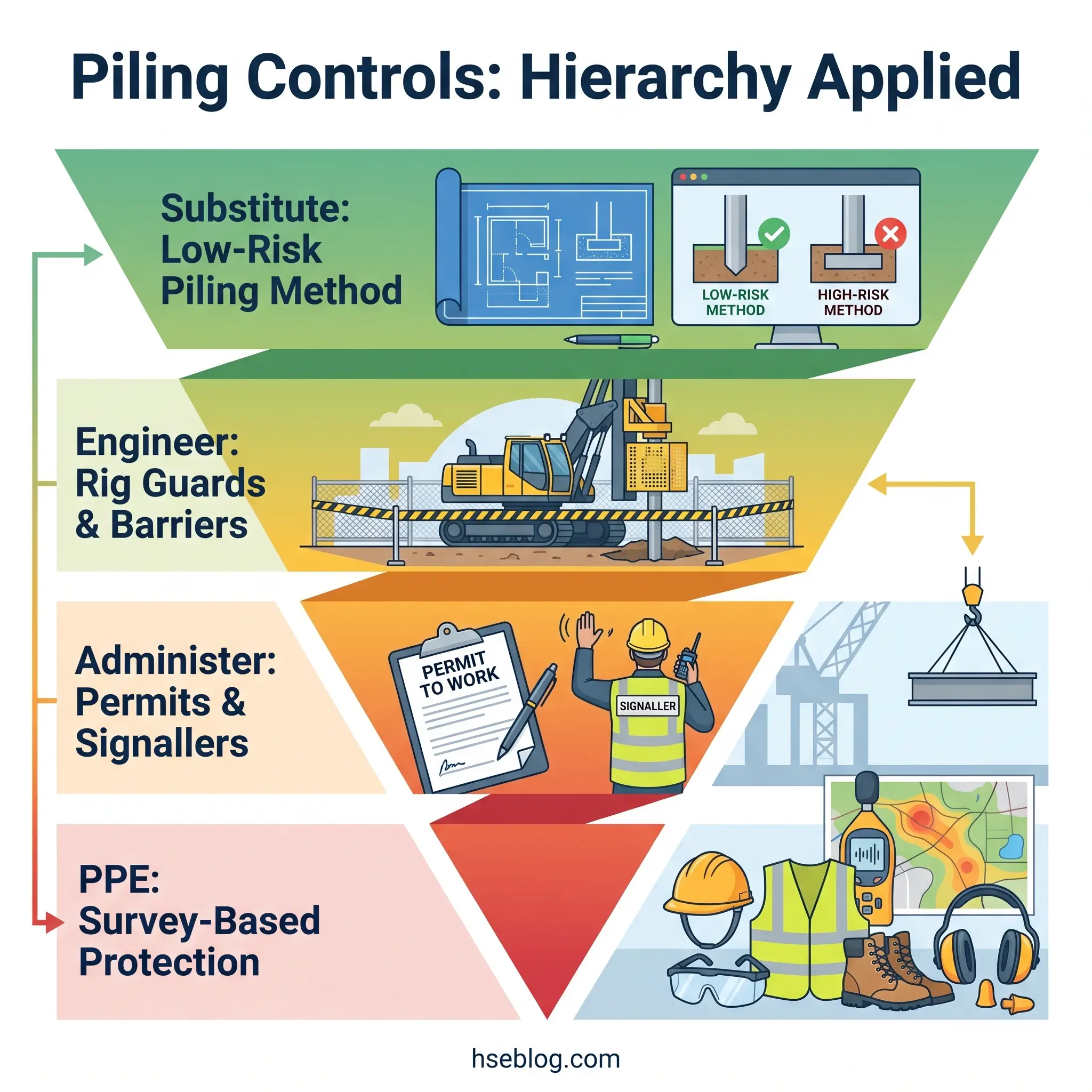 Hierarchical pyramid diagram showing piling control measures from top to bottom: substituting low-risk methods, engineering controls with rig guards, administrative permits and signallers, and personal protective equipment including hard hats and safety gear.