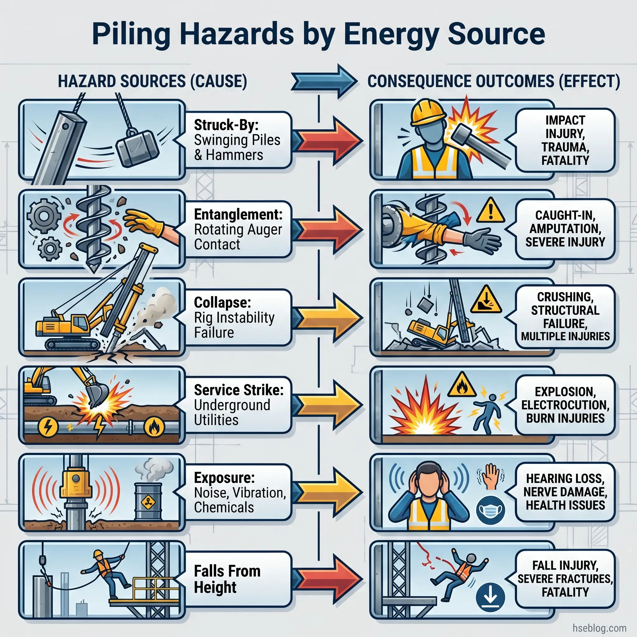 Infographic showing six piling hazards and their consequences: struck-by injuries from swinging piles, entanglement from rotating augers, collapse from rig instability, service strikes causing explosions, exposure to noise and chemicals, and falls from height.