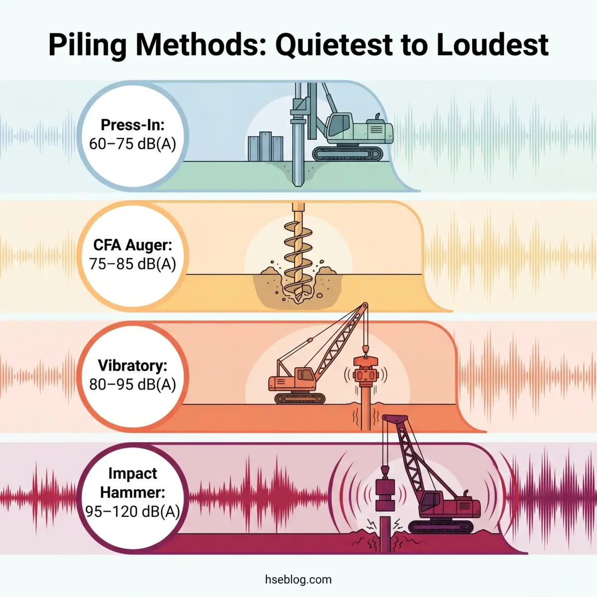 Infographic comparing four piling methods ranked by noise level, from quietest press-in at 60-75 decibels to loudest impact hammer at 95-120 decibels, with equipment illustrations and sound wave visualizations for each method.