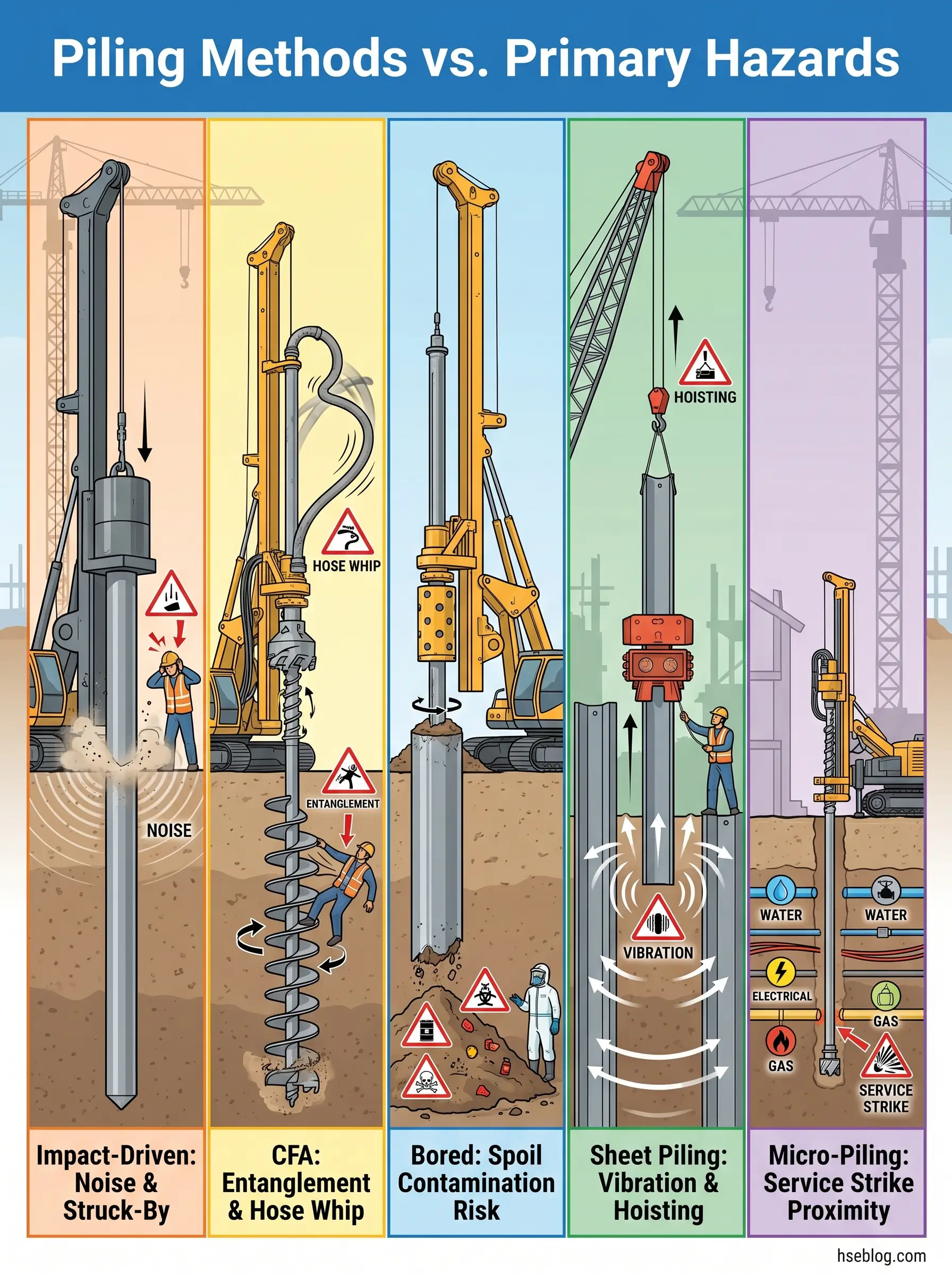 Infographic comparing five piling methods with their primary hazards: impact-driven piles causing noise and struck-by incidents, CFA augers risking entanglement and hose whip, bored piles presenting spoil contamination, sheet piles creating vibration and hoisting hazards, and micro-piling exposing workers to service strike proximity risks.