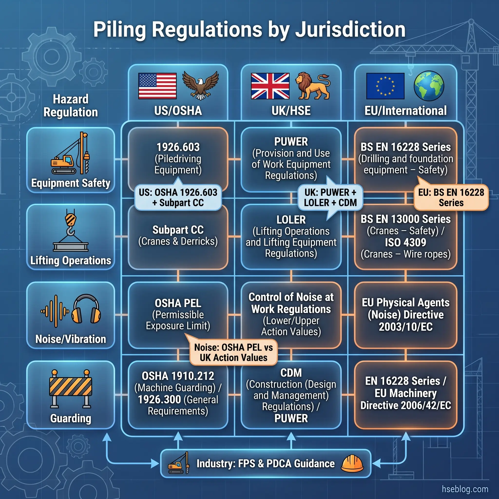 Infographic comparing piling and drilling equipment safety regulations across US OSHA, UK HSE, and EU standards, showing hazard categories including equipment safety, lifting operations, noise, and guarding requirements.