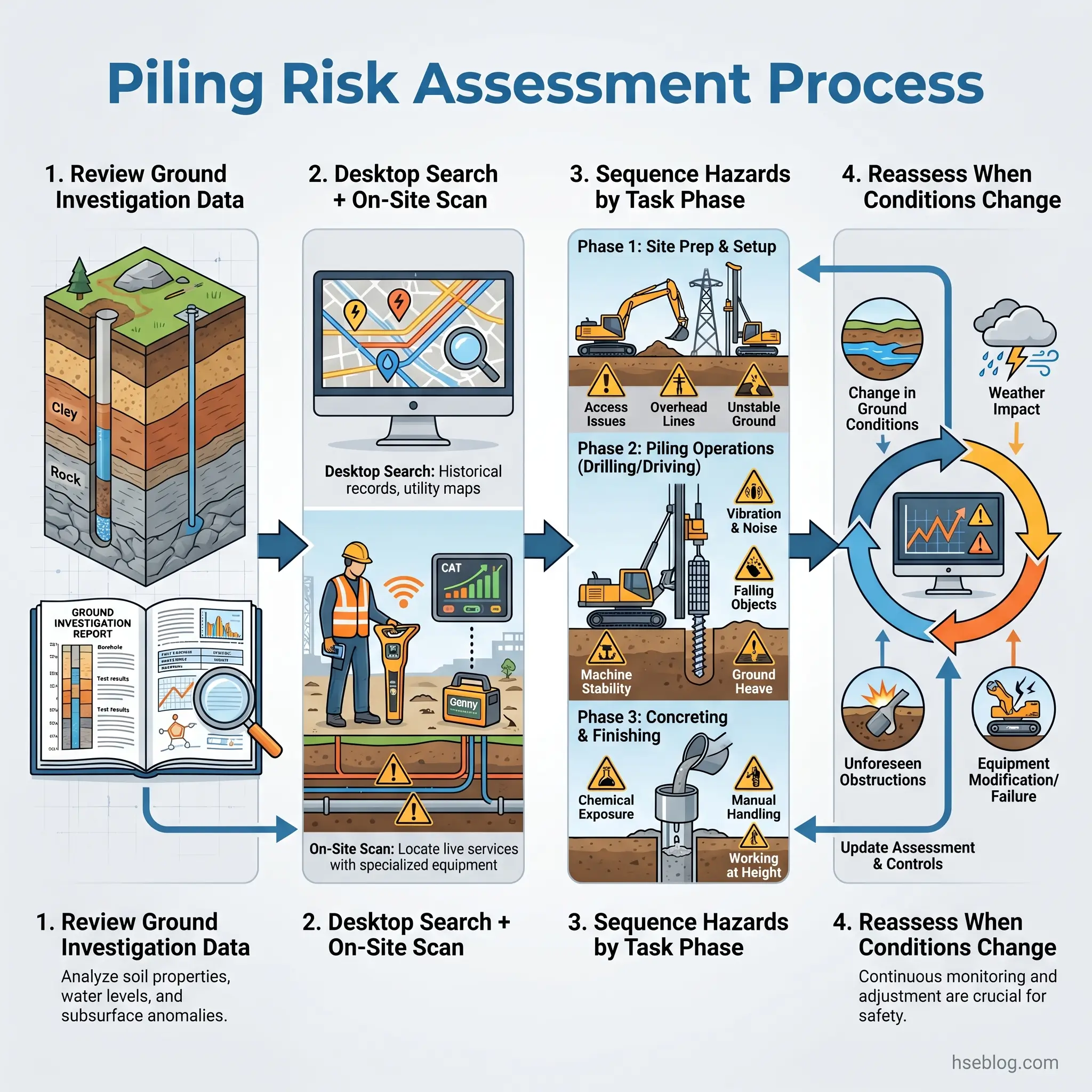 Infographic showing a four-step piling risk assessment process including ground investigation review, desktop search and on-site scanning, hazard sequencing by project phase, and continuous reassessment procedures.