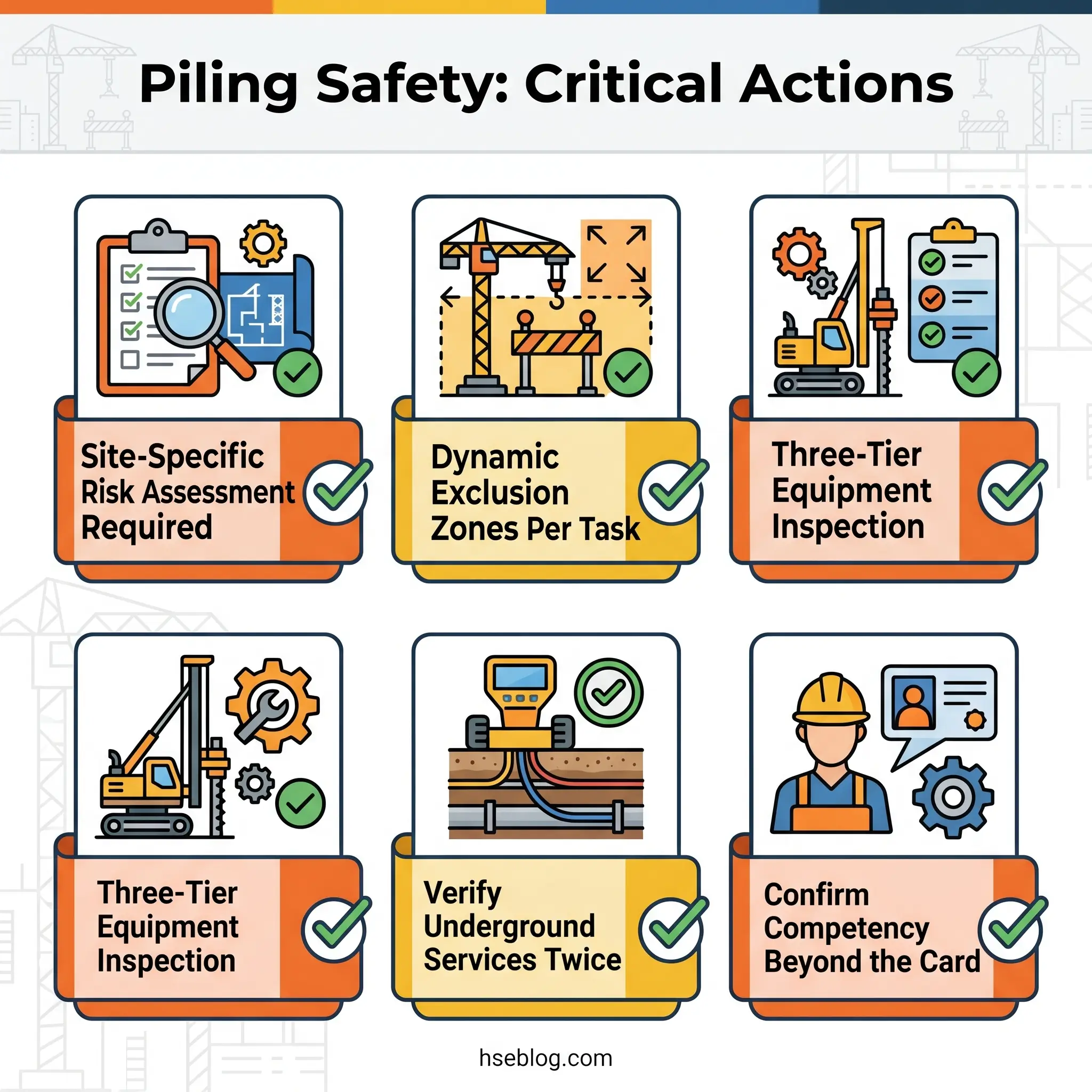 Infographic showing six critical actions for piling safety: site-specific risk assessment, dynamic exclusion zones, three-tier equipment inspection, underground services verification, and competency confirmation, each with checkmark indicators.