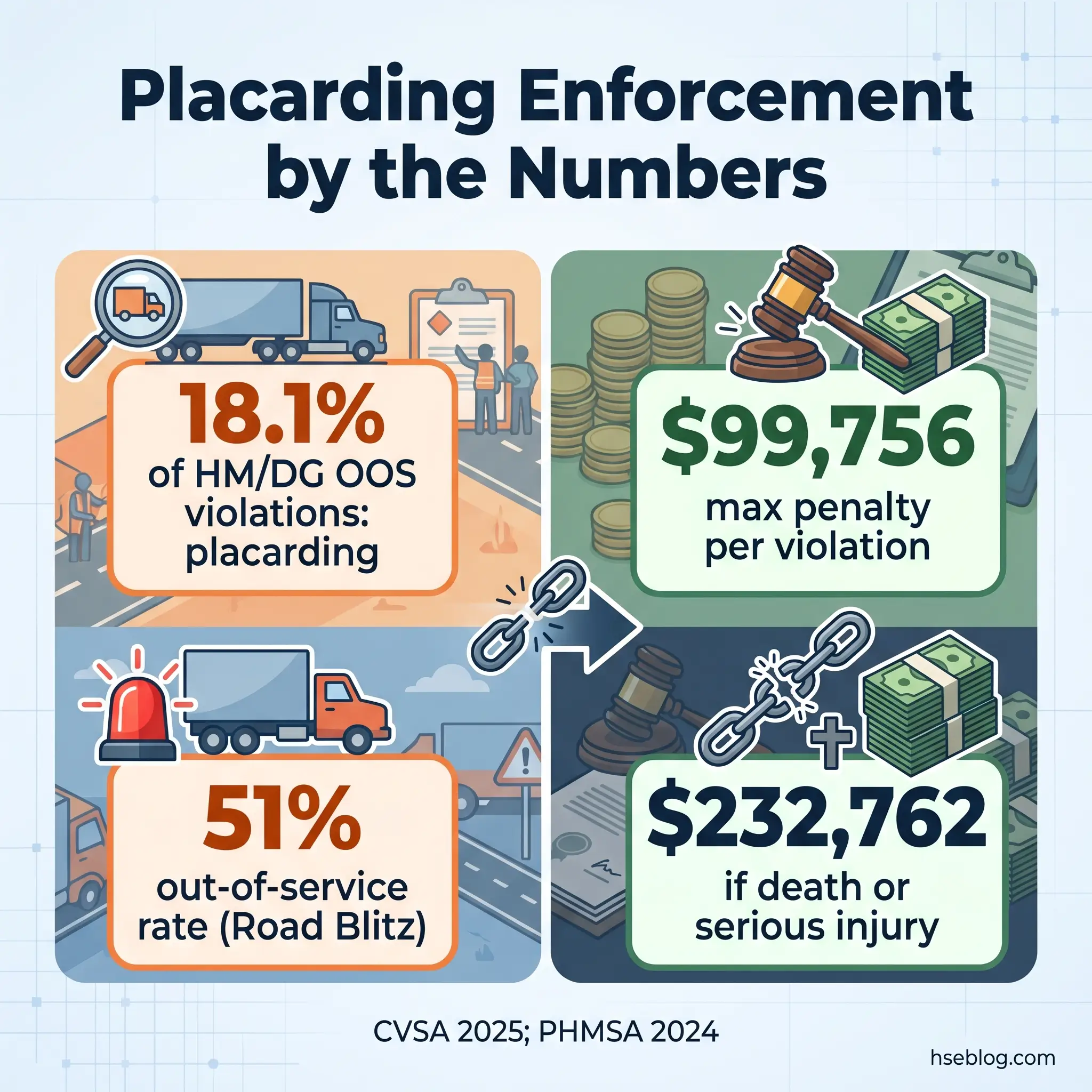 Infographic showing placarding enforcement statistics: 18.1% of HM/DG violations involve placarding, 51% out-of-service rate for Road Blitz, $99,756 maximum penalty per violation, and $232,762 penalty for death or serious injury.