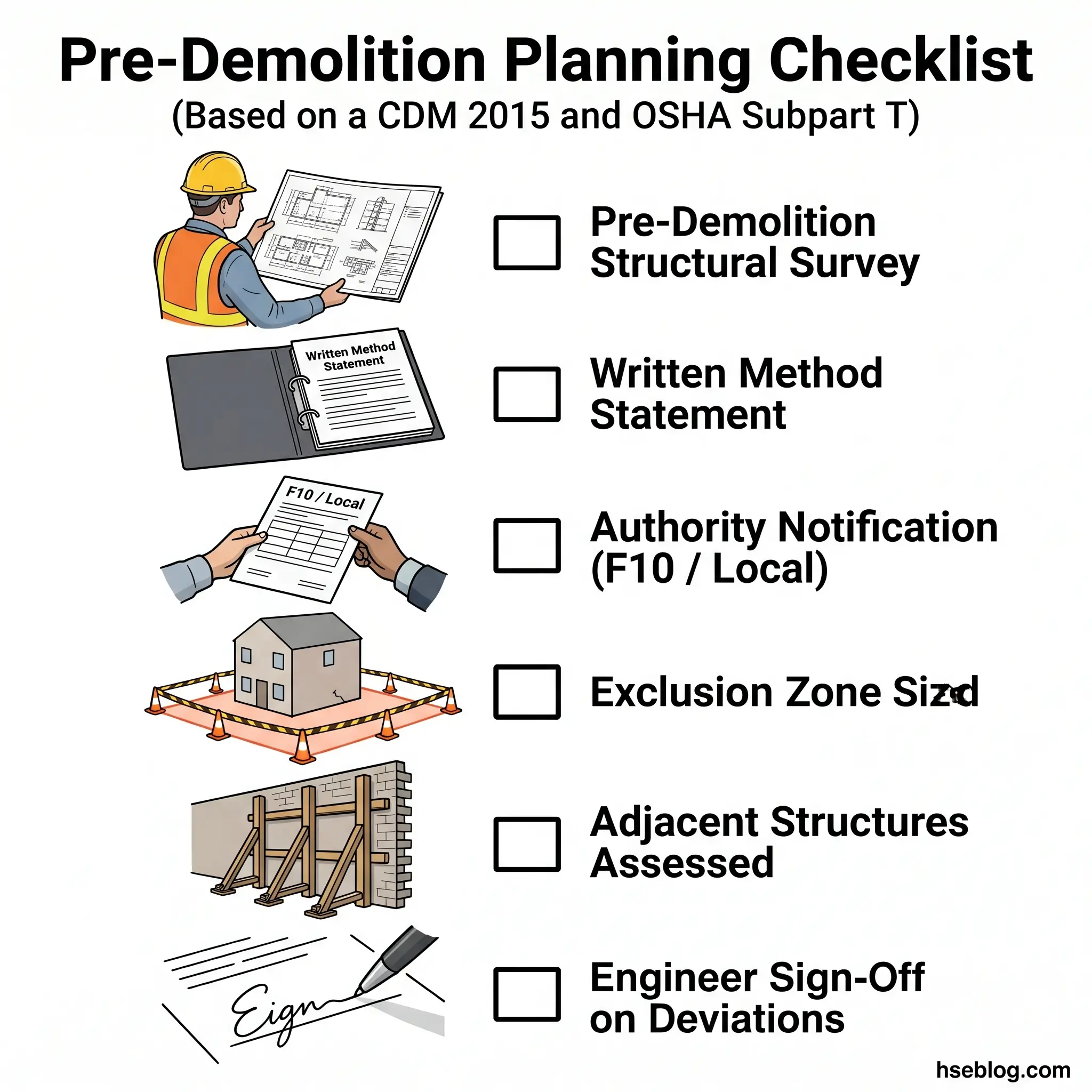 Pre-demolition planning checklist showing six required steps with illustrations: structural survey, written method statement, authority notification, exclusion zone sizing, adjacent structures assessment, and engineer sign-off on deviations.