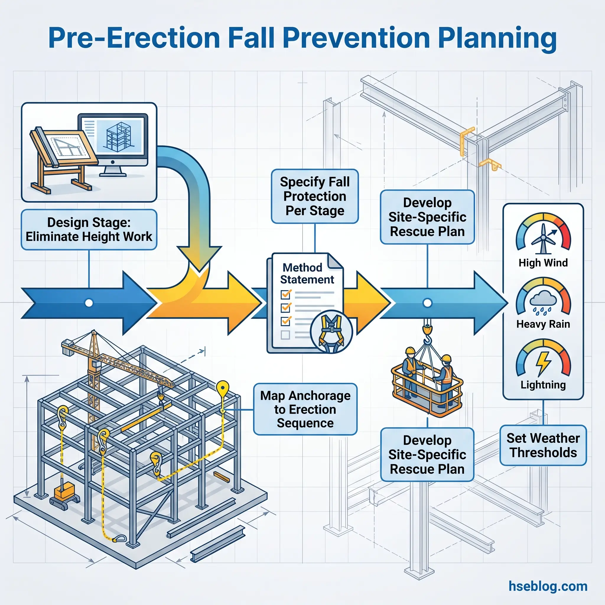 Flowchart showing pre-erection fall prevention planning process, from design stage through elimination of height work, method statements, site-specific rescue plans, weather thresholds, and anchorage mapping for construction safety.