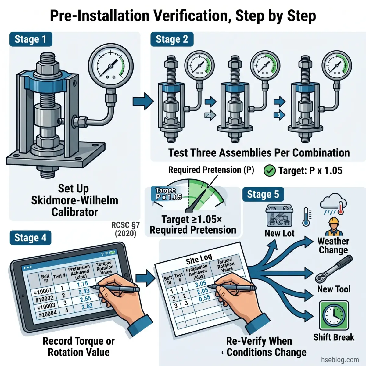 Step-by-step guide for pre-installation bolt verification using Skidmore-Wilhelm calibrator, showing setup, three assembly tests with pressure gauges, torque recording on tablet, and re-verification triggers for weather and tool changes.